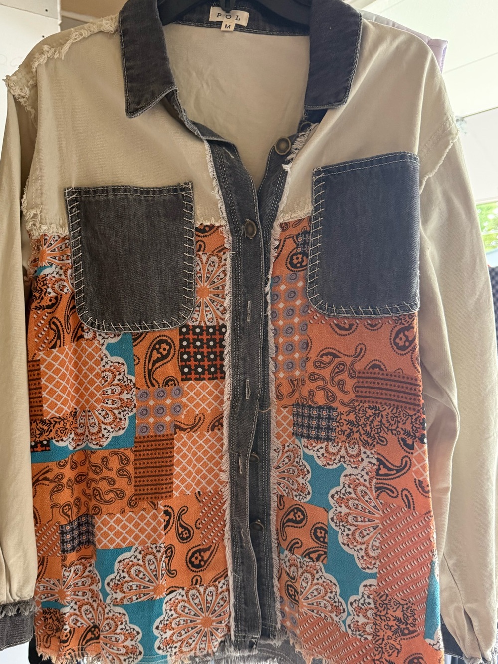 New POL Patchwork Button-Front Shirt Jacket in Orange, Teal & Black